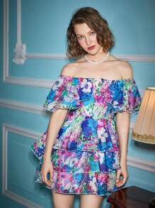 Alice McCall Designer Boho Bohemian Floral Print Off Shoulder Layer Hem Summer Elegant Dress, Outfit, For Holiday, Party, Vacation, Beach, Festival, Ibiza Fits, Wedding Prom Dress - Multicolor - View 7
