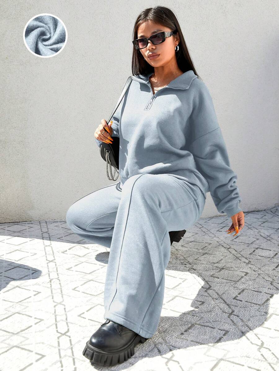 SHEIN Cottnline Plus Size Solid Color Fleece Hoodie And Exposed Seam Sweatpants Two Piece Set - Baby Blue - View 1