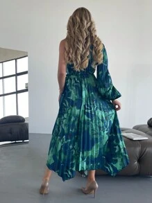 SHEIN Privé 热带印花单肩灯笼袖手帕下摆连衣裙 - 藍色 - 查看 3