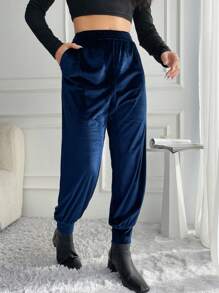 SHEIN Cottnline Plus Size Solid Color Jogger Pants With Side Pockets For Women - Navy Blue - View 3