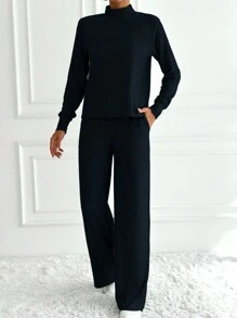 EURMUSE 女士純色立領襯衫和褲子兩件套裝 - 黑色 - 查看 4