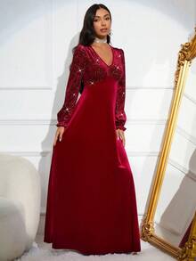 Vestido De Cuello En V Para Mujer Con Detalles De Pedrería - Burdeos - Ver 3