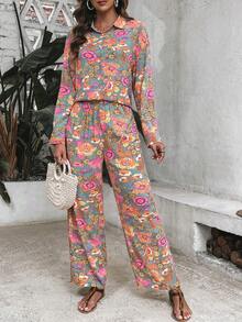 SHEIN VCAY 印花襯衫&闊腿褲 - 彩色 - 查看 3