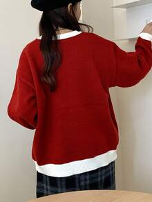Contrast Trim Cartoon Pattern Drop Shoulder Sweater - Red - View 2