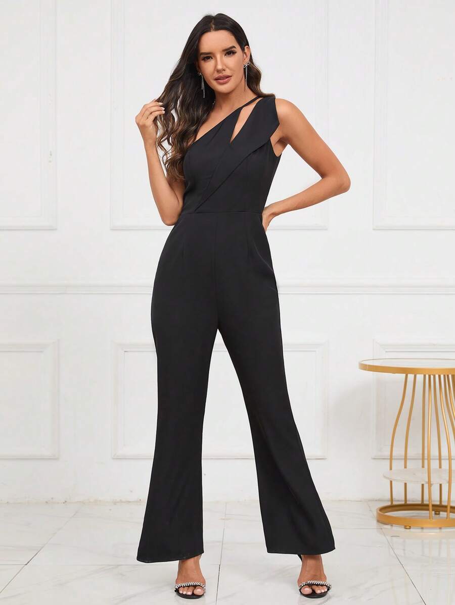 Chiquease One Shoulder Cut Out Flare Leg Jumpsuit - Black - View 1
