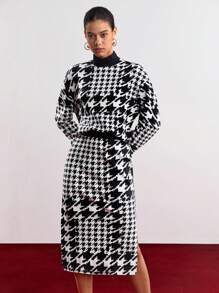 SHEIN BIZwear 女士千鸟格立领上衣和裙子套装 - 黑與白 - 查看 8