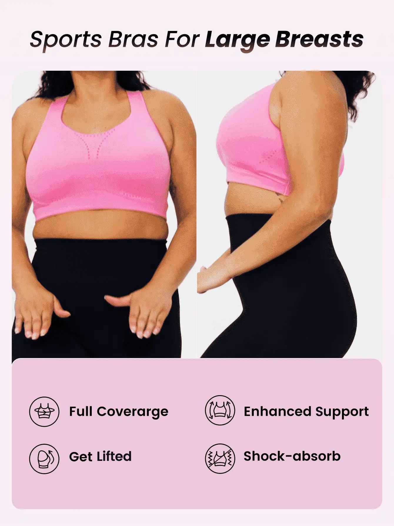 GLOWMODE Plus Medium Support Black Convertible Wide Adjustable Strap Full Coverage Sports Bra Yoga Plus Size Sports Bra - Pink - View 2
