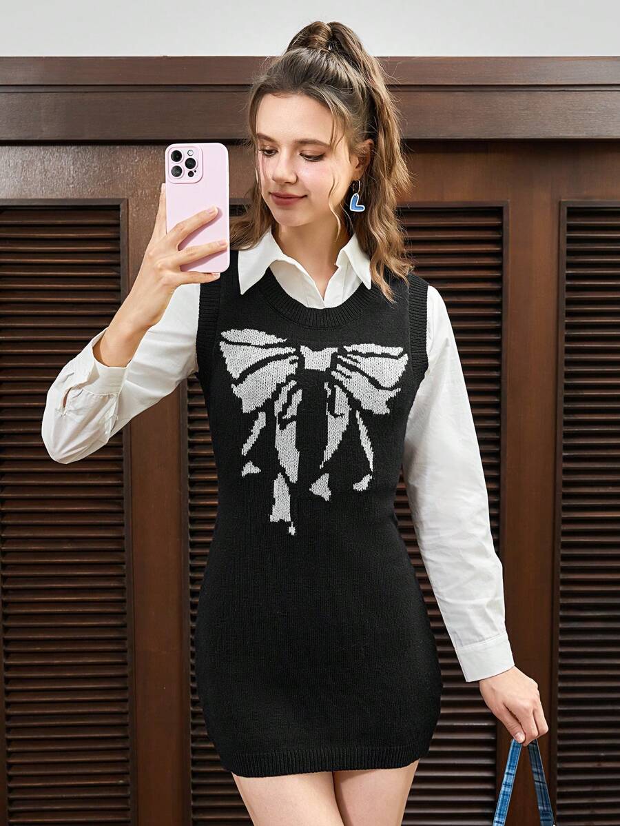 SHEIN EZwear Hình Bướm Đầm Áo len Không có áo sơ mi - Đen và trắng - Xem 1