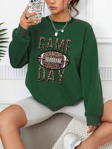 SHEIN EZwear 豹紋&字母圖案落肩袖運動衫 - 綠色 - 查看 4