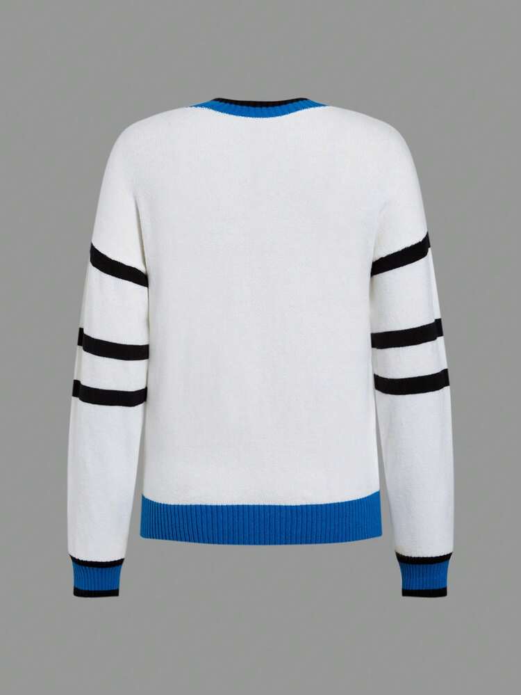 Bikercore Letter Pattern Contrast Trim Drop Shoulder Sweater