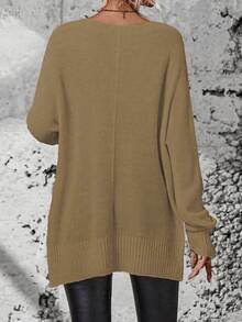 SHEIN Frenchy Thả vai Tách cao thấp Hem Áo len - Màu Khaki - Xem 2