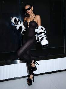 SHEIN ICON Cắt ra phía trước Lưới Cami Unitard Áo liền thân - màu đen - Xem 4