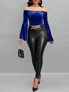 SHEIN Lady 一字肩鐘形袖絲絨T恤 - 寶藍色 - 查看 3