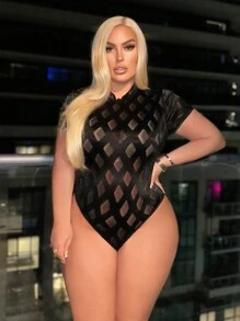 SHEIN SXY Plus Size Sheer Mesh Bodysuit - Black - View 4