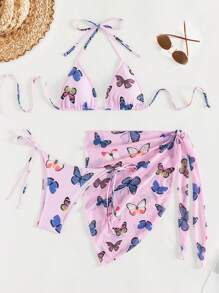 Women's Butterfly Pattern Print Halter Neck Seperates Bikini Set, 3pcs Summer Beach - Multicolor - View 3