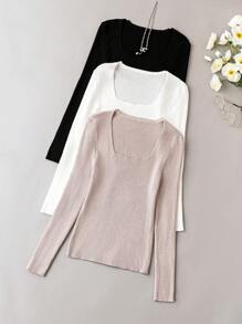 Calvaya Plus 3pcs Square Neck Ribbed Knit Sweater