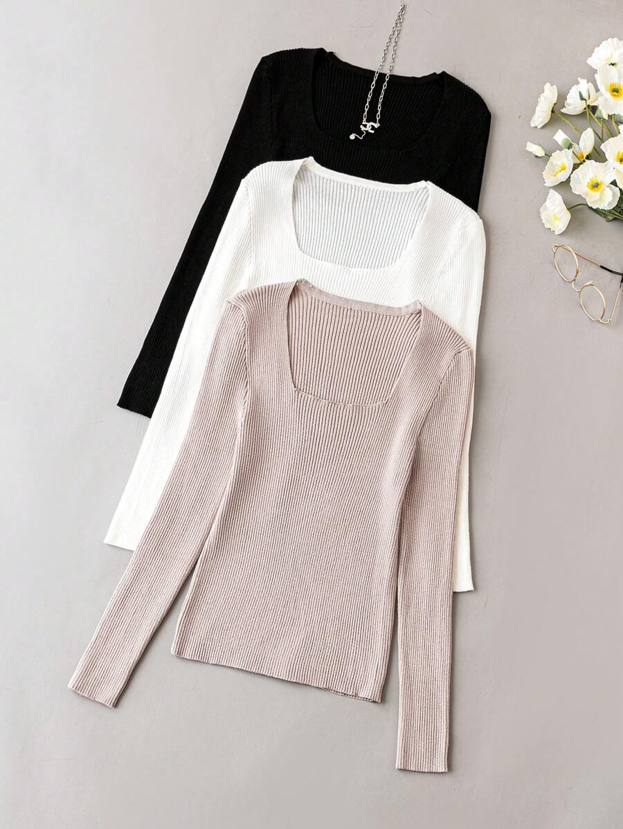 Calvaya Plus 3pcs Square Neck Ribbed Knit Sweater