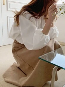 DAZY 1 Áo cánh tay đèn lồng màu trơn cho nữ, trang phục công sở thường ngày, áo dài tay mùa thu - trắng - Xem 7