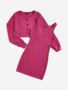 SHEIN EZwear 前紐扣條紋針織夾克&背心洋裝 - 玫紅色 - 查看 5