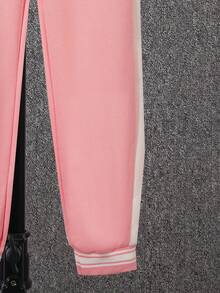 SHEIN 女大童字母圖案雙色連帽夾克和運動褲不帶T恤 - 粉色 - 查看 6