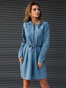 RueChic Button Front Belted Denim Dress - Light Wash - View 4