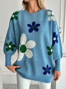EURMUSE Suéter Con Estampado De Flores Y Hombros Caídos Para Mujer - Azul - Ver 3