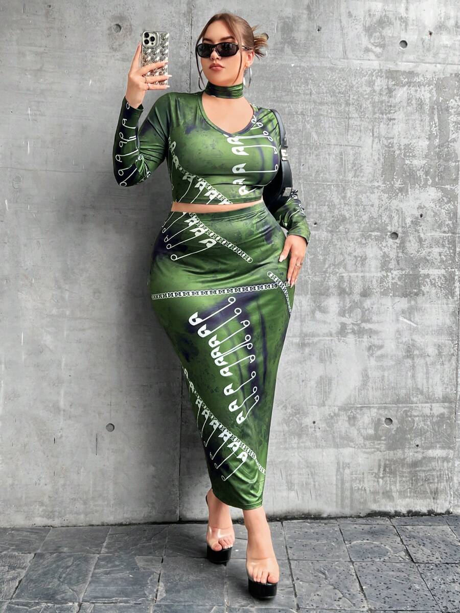 Flirla 大碼字母圖案鎖脖領口T恤和裙子 - 彩色 - 查看 1