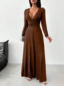 EURMUSE Deep V-neckline Slit Up To Thigh Length Dress - Brown - View 4