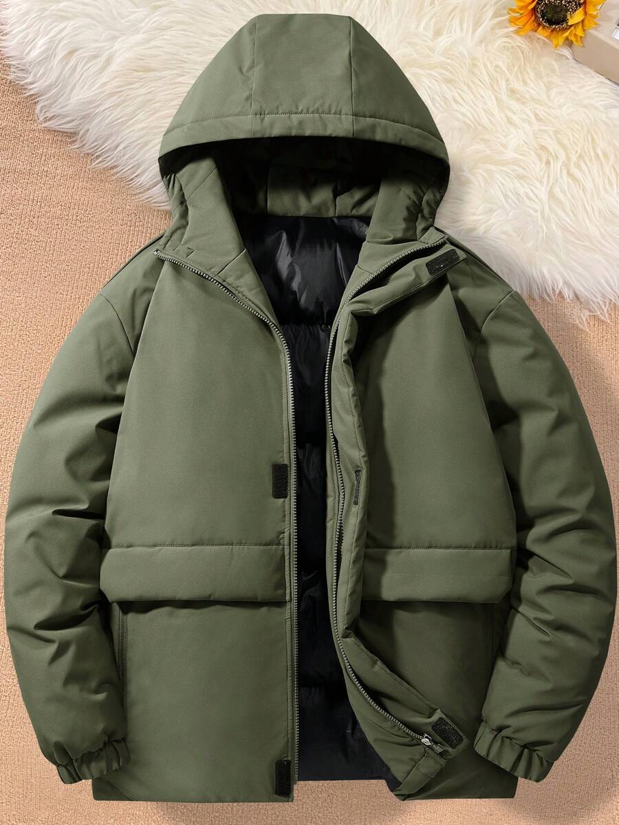Manfinity Homme Men Flap Pocket Hooded Padded Coat - Army Green - View 1