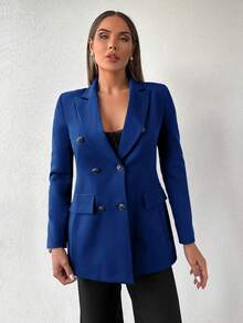 RueChic Women's Turn-down Collar Double Breasted Blazer Jacket - Blue - View 5