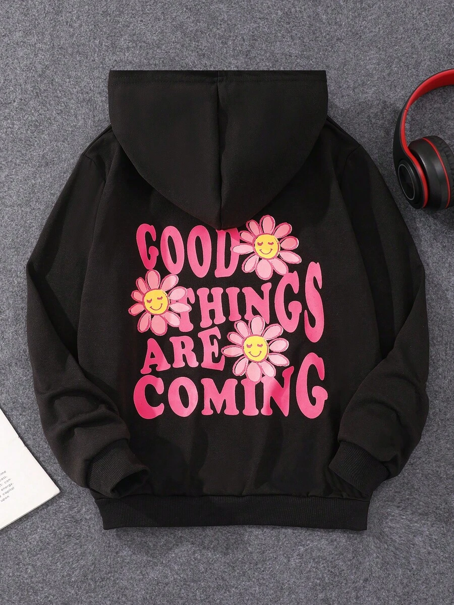 SHEIN Áo nỉ in hình hoa và khẩu hiệu dành cho bé gái tuổi teen - màu đen - Xem 1