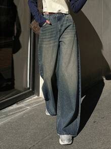 Dazy Star 女款斜口袋高腰寬腿牛仔褲 - 深色水洗藍 - 查看 6