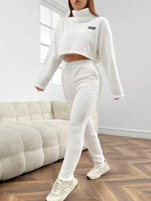 SHEIN EZwear 女士高領印花衛衣和方格裝褲套裝 - 白色 - 查看 3