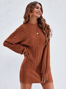 SHEIN LUNE Thả vai Đồ đan Ribbed Đầm Tunic Không có thắt lưng - Rỉ Nâu - Xem 1