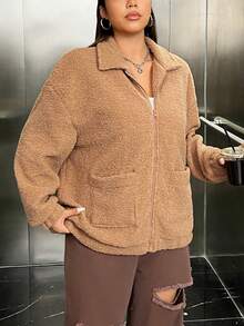SHEIN EZwear 大碼雙口袋落肩袖毛絨夾克 - 棕色 - 查看 4