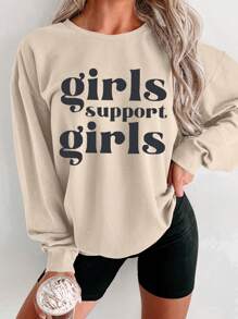 SHEIN EZwear Đồ họa Chữ cái Thả vai Áo nỉ - Màu Khaki - Xem 1