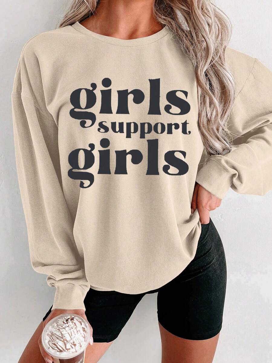 SHEIN EZwear Đồ họa Chữ cái Thả vai Áo nỉ - Màu Khaki - Xem 1