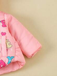 Baby Girl Cartoon Print 3D Design Hooded Padded Coat - Pink - View 3