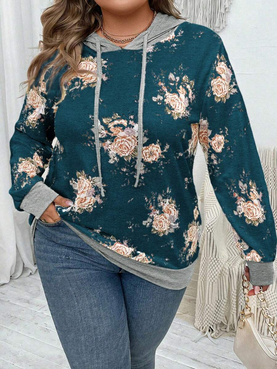 SHEIN LUNE 大码印花抽绳卫衣 - 藍色 - 查看 1