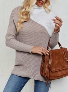 SHEIN LUNE Suéter de cuello alto de bloque de color con mangas de murciélago para otoño e invierno - Caqui - Ver 3