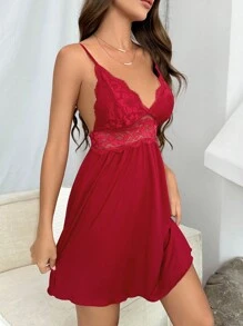 SHEIN 对比色蕾丝吊带睡衣 - 酒紅色 - 查看 5