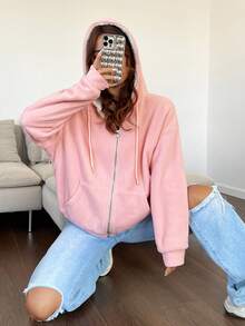SHEIN EZwear 落肩袖抽繩連帽毛絨內襯夾克 - 粉色 - 查看 5