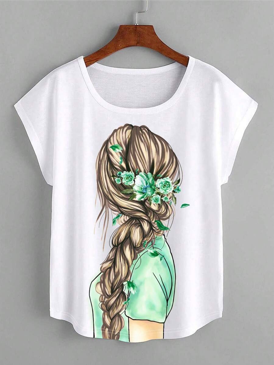 SHEIN LUNE Đồ họa Hình tay cánh Áo thun - màu xanh lá - Xem 1