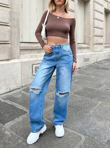 SHEIN EZwear Women's Off-shoulder Solid Color Slim Fit Cropped Sweater - Brown - View 5