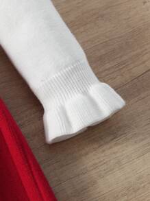 SHEIN 女小童可愛荷葉邊蝴蝶結套頭毛衣帶寬鬆中長半身裙套裝 - 紅白色 - 查看 7