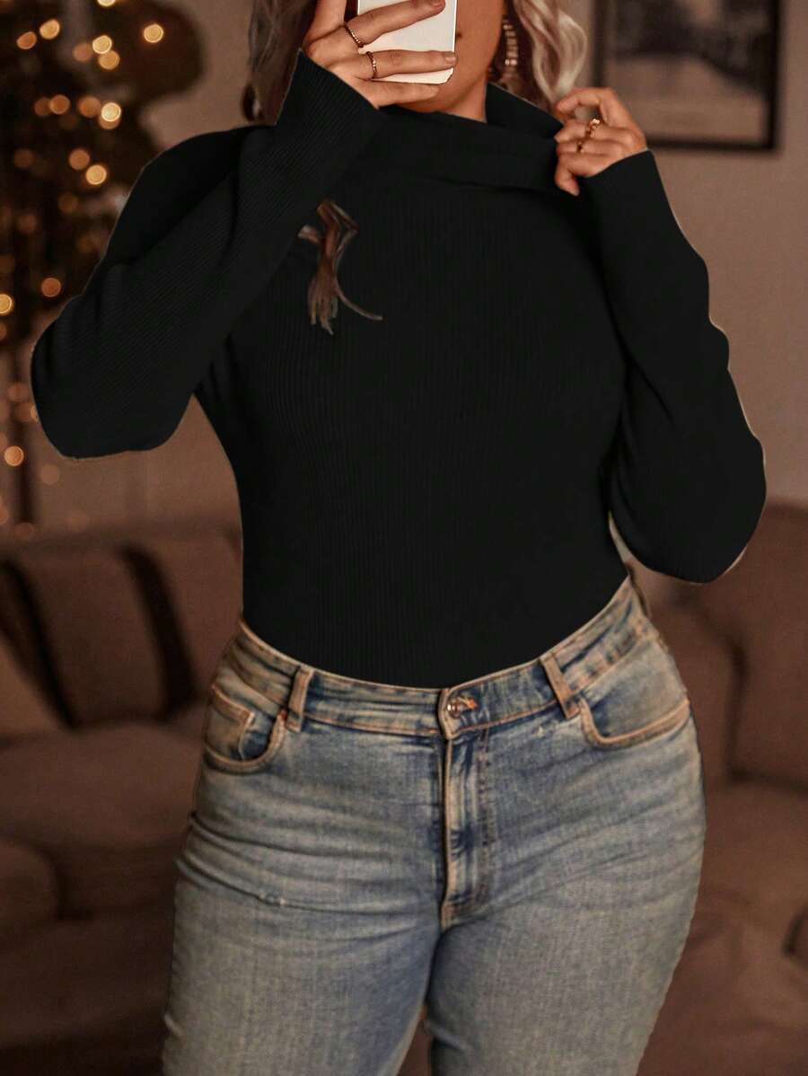 SHEIN LUNE Hơn Áo cao cổ Đồ đan Ribbed Áo len - màu đen - Xem 1