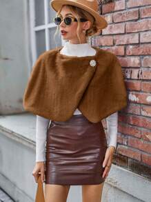 SHEIN Privé Solid Button Front Fuzzy Cape Coat - Brown - View 5