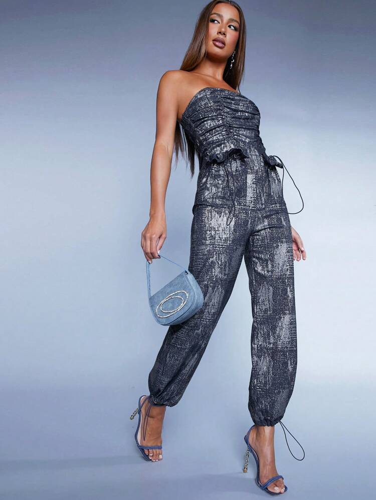 Print Drawstring Ruched Tube Jumpsuit