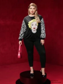 Marilyn Monroe X SHEIN 加大號對比豹紋圖形下垂肩套頭衫 - 黑色 - 查看 4