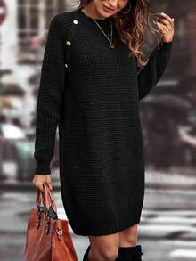 SHEIN LUNE Chi tiết Nút Tay Raglan Đầm Áo len - màu đen - Xem 4